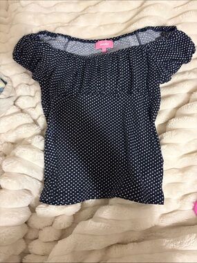 Edikted Navy and White Polka Dot Off-Shoulder Top